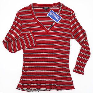 Shine New York Red White Black Striped Ribbed V-Neck Knit Top Petite S NWT
